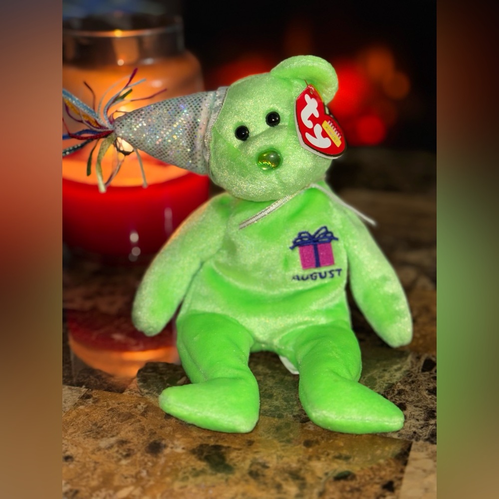 💚 TY Birthday Beanie Bear August • Green Sparkle Party Hat • Collectible